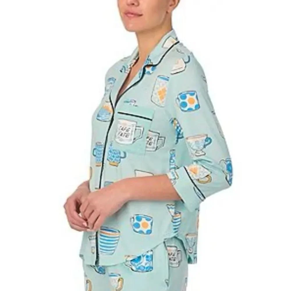 kate spade XL Light Blue Tea Coffee Print Notch Collar 3/4 Sleeve Pants PJ Set
